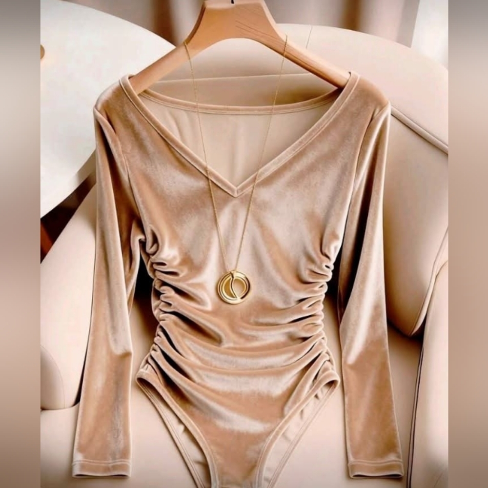 Velvet Ruched V-Neck Long Sleeve Bodysuit - Beige